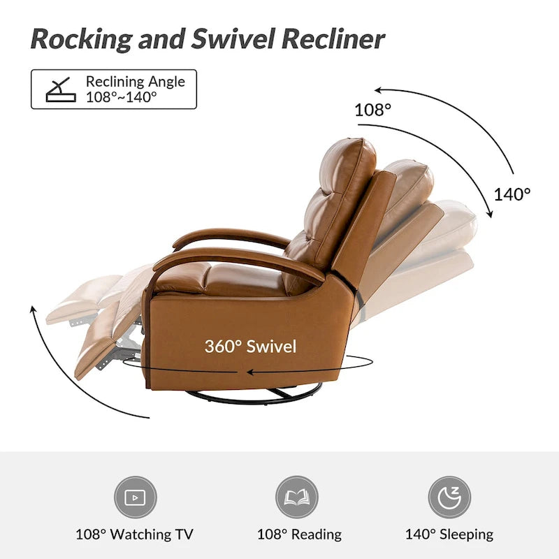 Fauteuil inclinable manuel pivotant et berçant en cuir véritable moderne avec accoudoirs en bois