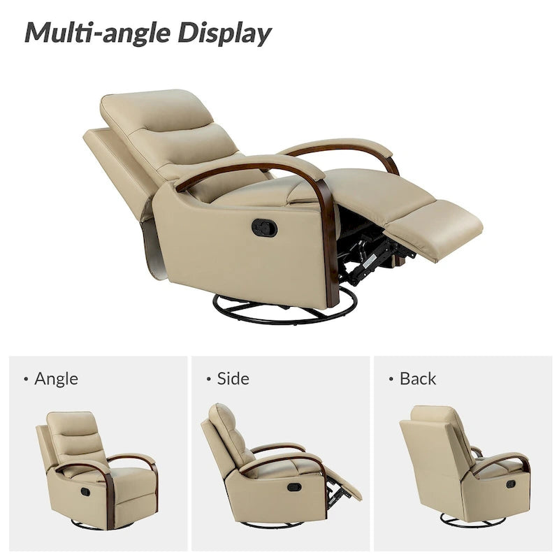 Fauteuil inclinable manuel pivotant et berçant en cuir véritable moderne avec accoudoirs en bois