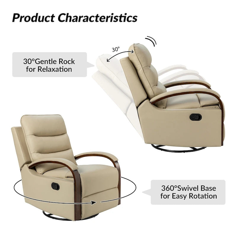 Fauteuil inclinable manuel pivotant et berçant en cuir véritable moderne avec accoudoirs en bois