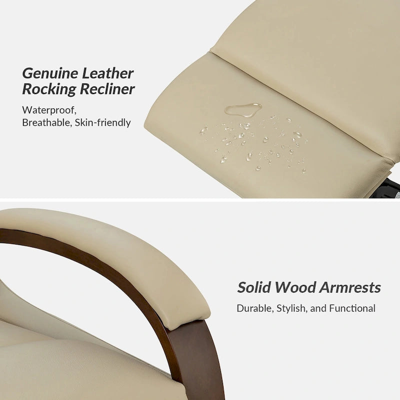 Fauteuil inclinable manuel pivotant et berçant en cuir véritable moderne avec accoudoirs en bois