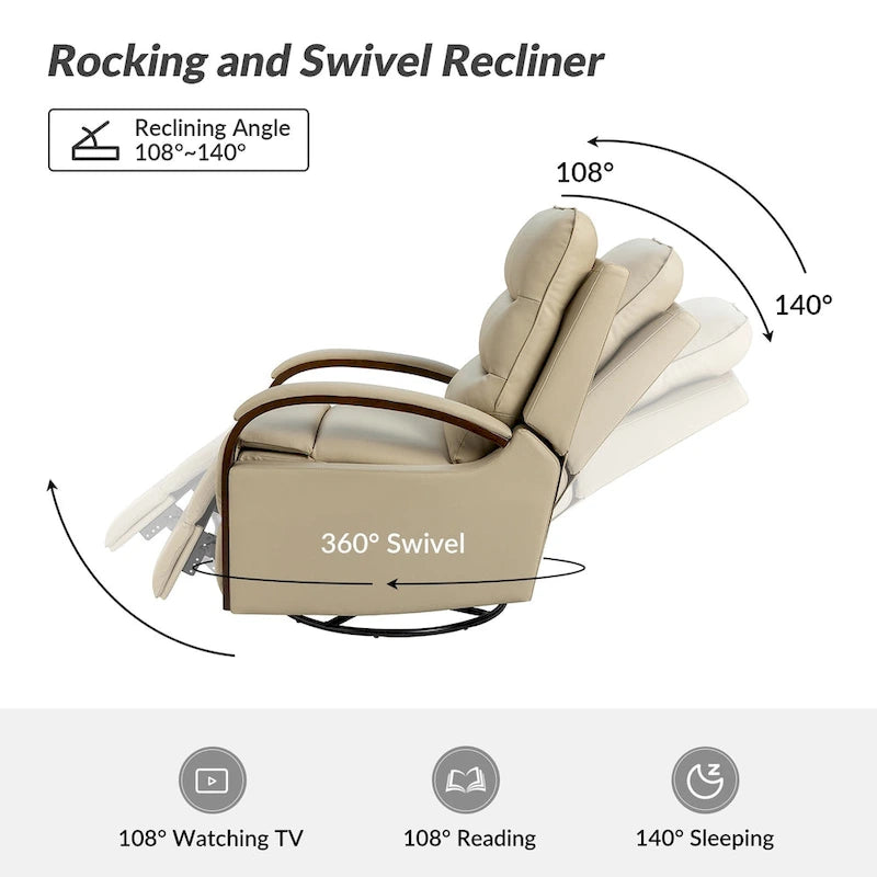 Fauteuil inclinable manuel pivotant et berçant en cuir véritable moderne avec accoudoirs en bois