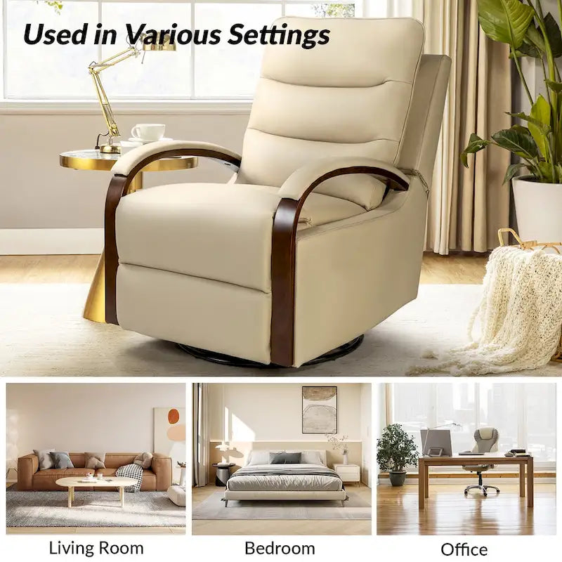 Fauteuil inclinable manuel pivotant et berçant en cuir véritable moderne avec accoudoirs en bois