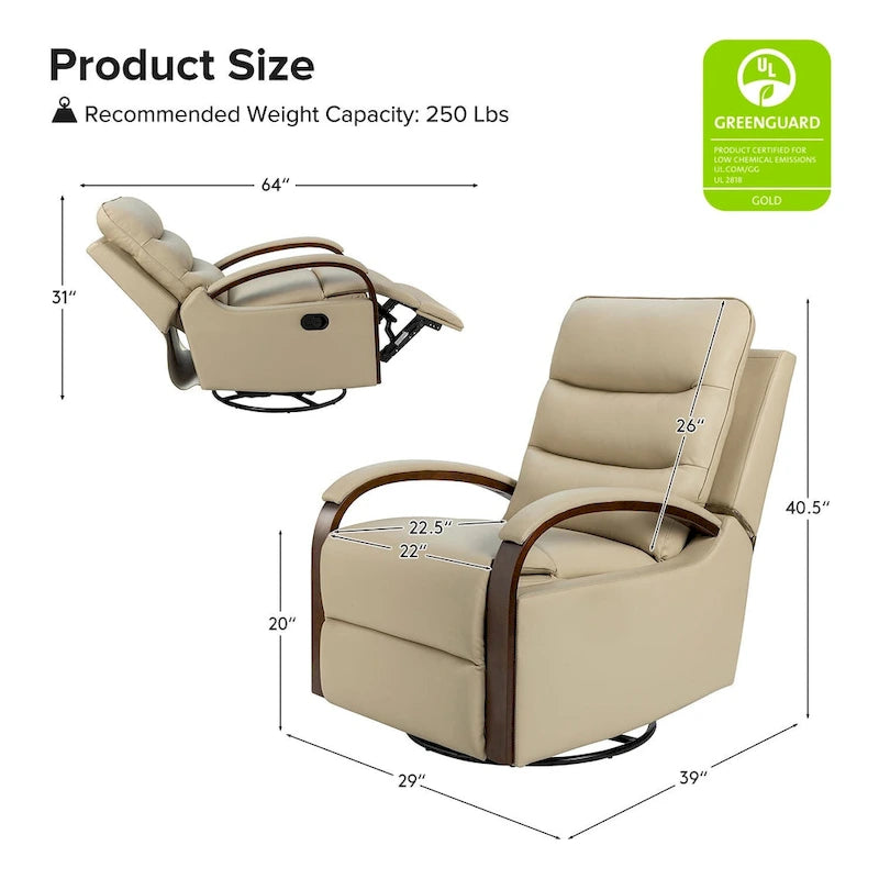 Fauteuil inclinable manuel pivotant et berçant en cuir véritable moderne avec accoudoirs en bois