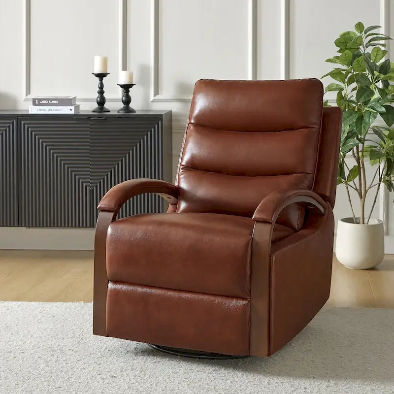 Fauteuil inclinable manuel pivotant et berçant en cuir véritable moderne avec accoudoirs en bois