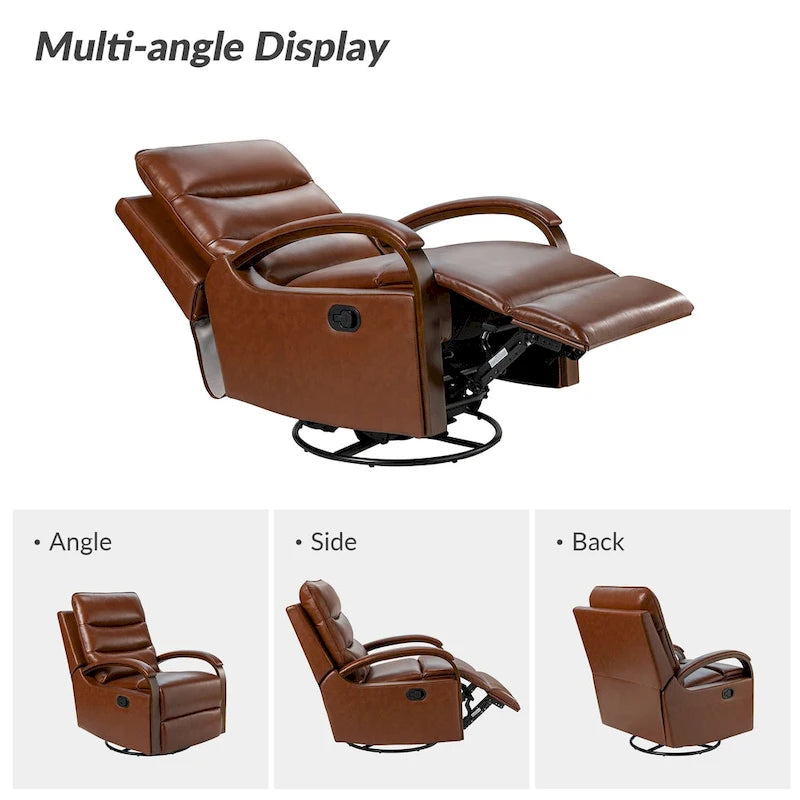Fauteuil inclinable manuel pivotant et berçant en cuir véritable moderne avec accoudoirs en bois