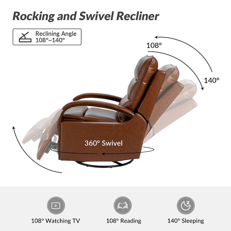 Fauteuil inclinable manuel pivotant et berçant en cuir véritable moderne avec accoudoirs en bois