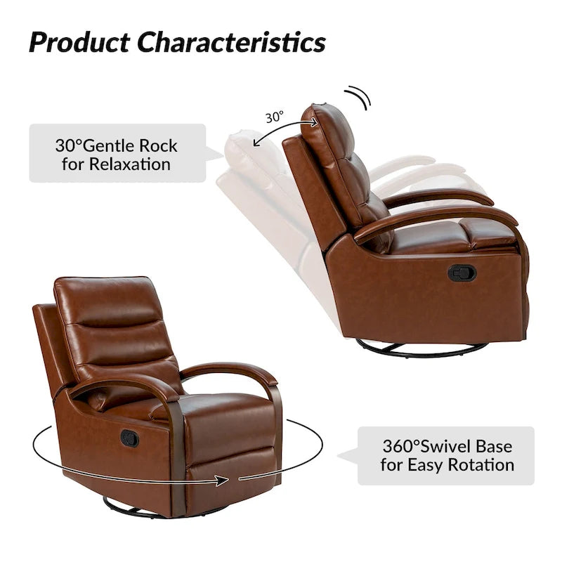 Fauteuil inclinable manuel pivotant et berçant en cuir véritable moderne avec accoudoirs en bois