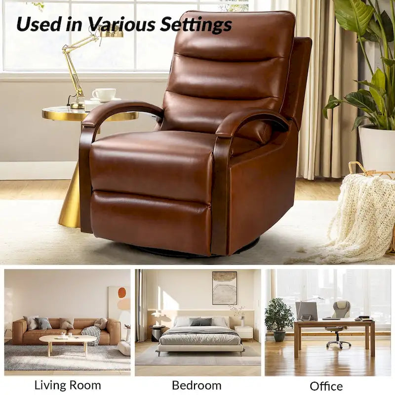 Fauteuil inclinable manuel pivotant et berçant en cuir véritable moderne avec accoudoirs en bois