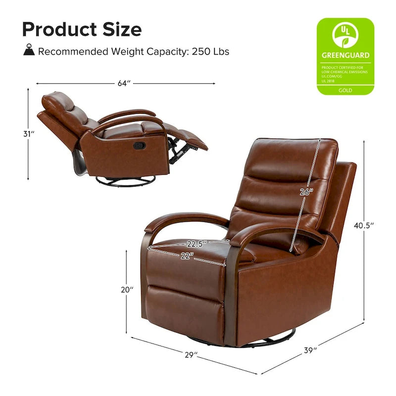Fauteuil inclinable manuel pivotant et berçant en cuir véritable moderne avec accoudoirs en bois