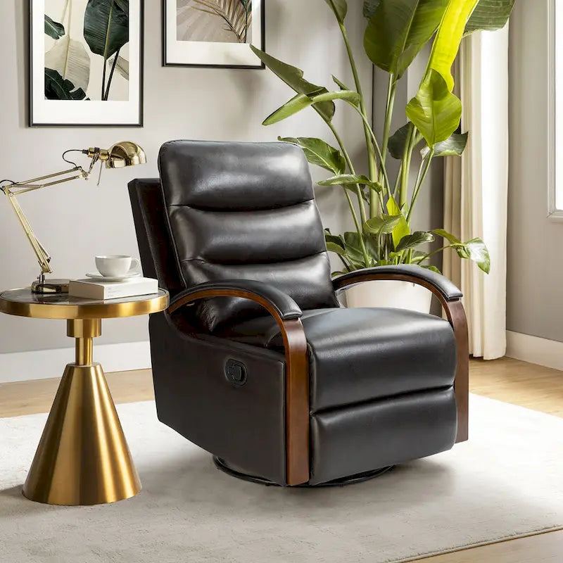 Fauteuil inclinable manuel pivotant et berçant en cuir véritable moderne avec accoudoirs en bois