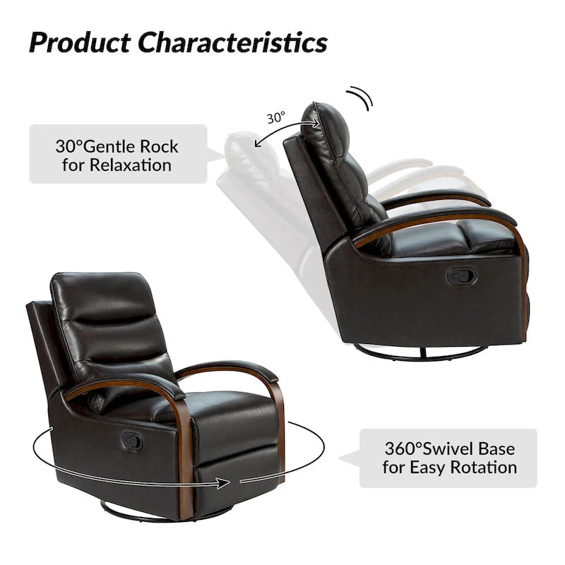 Fauteuil inclinable manuel pivotant et berçant en cuir véritable moderne avec accoudoirs en bois