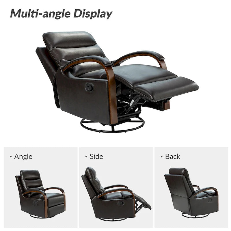 Fauteuil inclinable manuel pivotant et berçant en cuir véritable moderne avec accoudoirs en bois