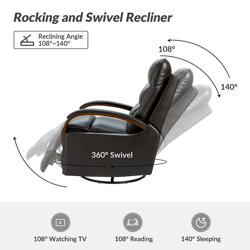 Fauteuil inclinable manuel pivotant et berçant en cuir véritable moderne avec accoudoirs en bois