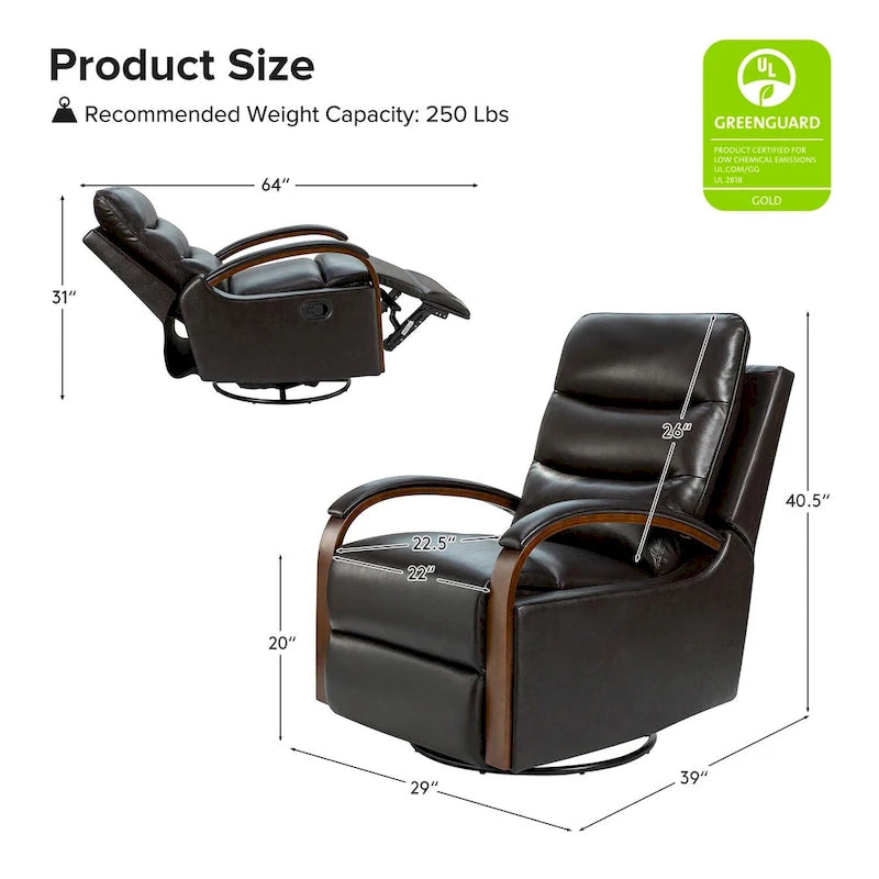 Fauteuil inclinable manuel pivotant et berçant en cuir véritable moderne avec accoudoirs en bois