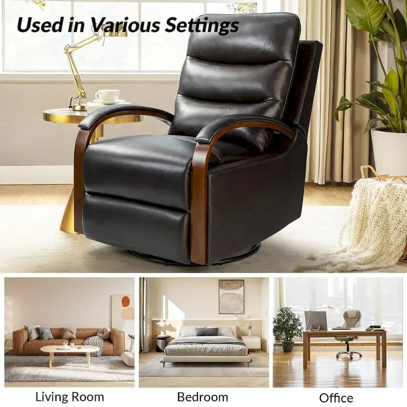 Fauteuil inclinable manuel pivotant et berçant en cuir véritable moderne avec accoudoirs en bois