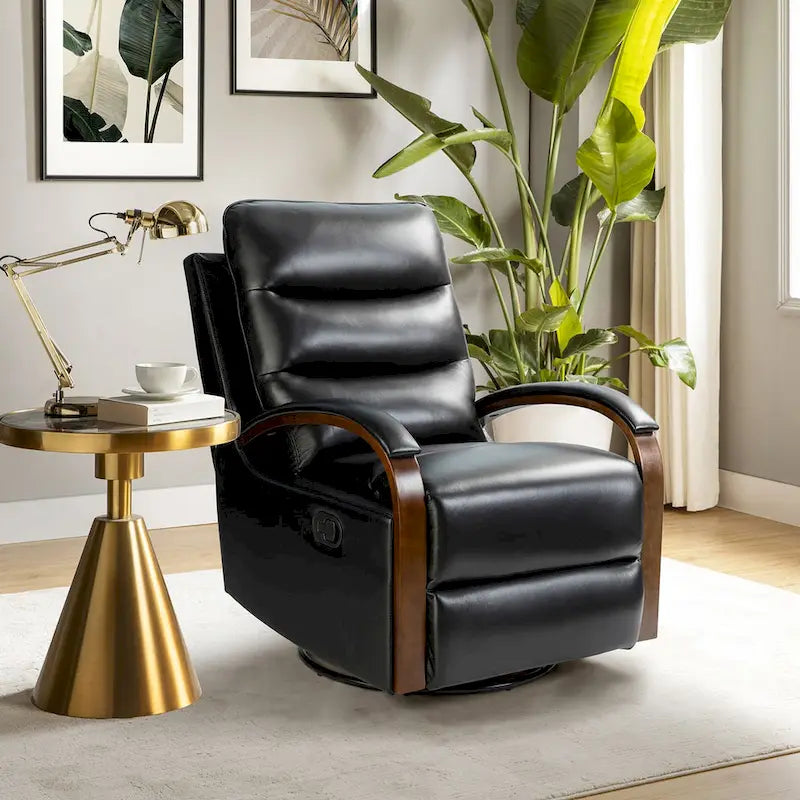Fauteuil inclinable manuel pivotant et berçant en cuir véritable moderne avec accoudoirs en bois