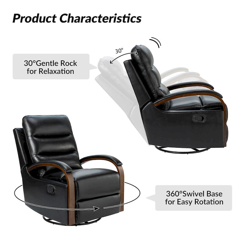 Fauteuil inclinable manuel pivotant et berçant en cuir véritable moderne avec accoudoirs en bois
