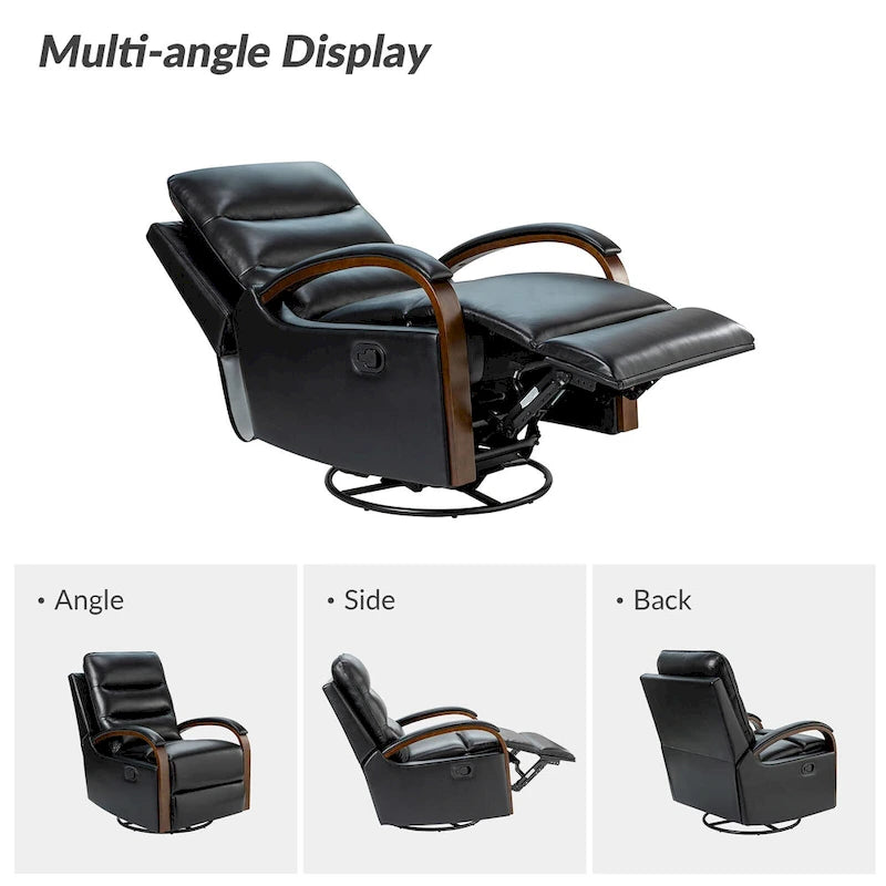 Fauteuil inclinable manuel pivotant et berçant en cuir véritable moderne avec accoudoirs en bois