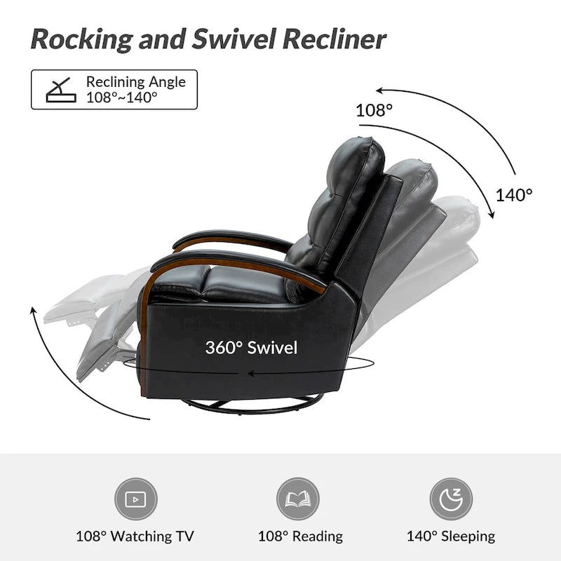 Fauteuil inclinable manuel pivotant et berçant en cuir véritable moderne avec accoudoirs en bois