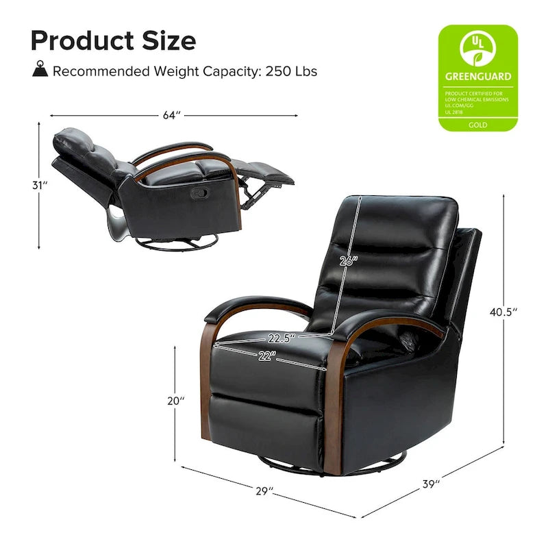 Fauteuil inclinable manuel pivotant et berçant en cuir véritable moderne avec accoudoirs en bois