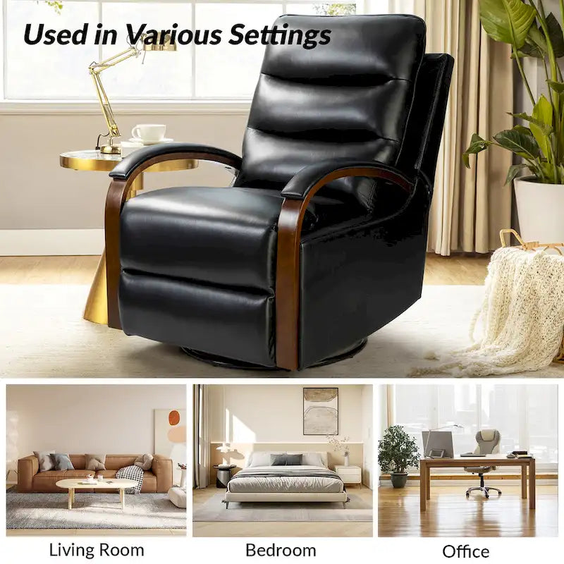 Fauteuil inclinable manuel pivotant et berçant en cuir véritable moderne avec accoudoirs en bois
