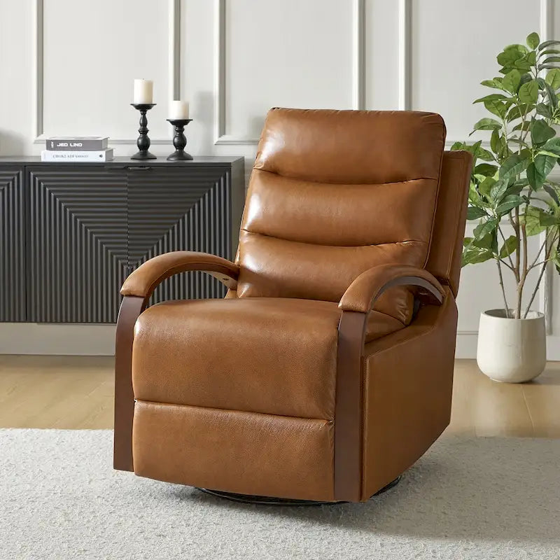 Fauteuil inclinable manuel pivotant et berçant en cuir véritable moderne avec accoudoirs en bois