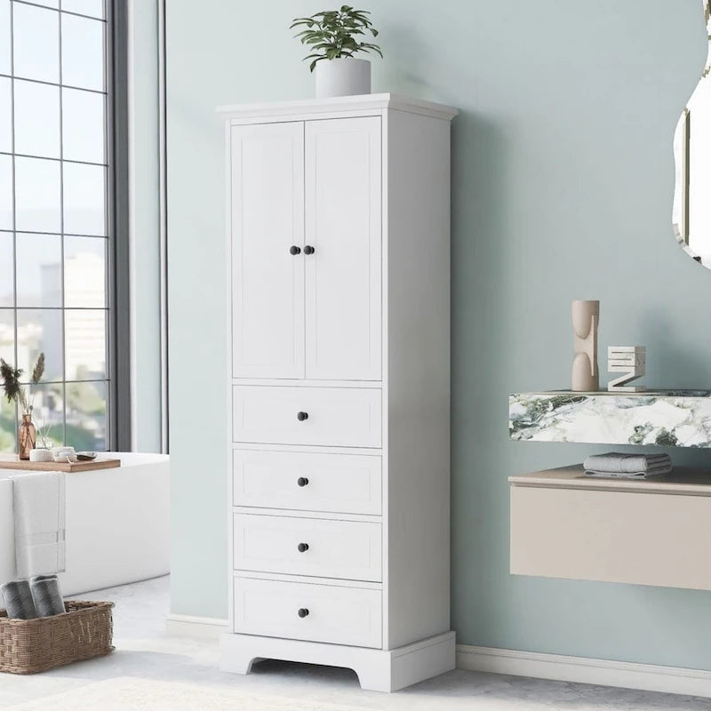 Meuble de Rangement Salle de Bain avec 2 Portes & 4 Tiroirs - Étagère Réglable