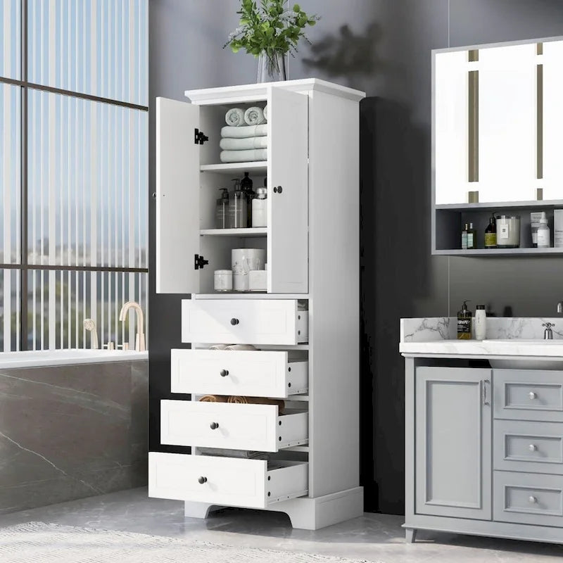 Meuble de Rangement Salle de Bain avec 2 Portes & 4 Tiroirs - Étagère Réglable