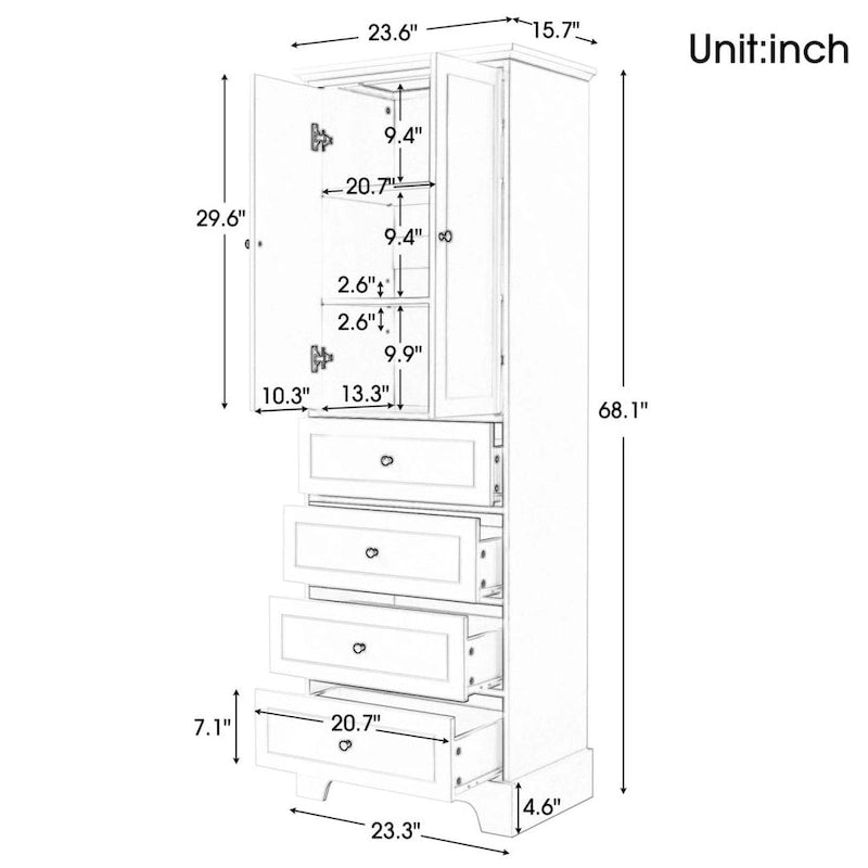Meuble de Rangement Salle de Bain avec 2 Portes & 4 Tiroirs - Étagère Réglable
