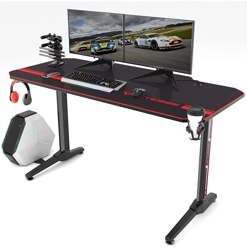 Bureau de jeu ergonomique en T pour PC avec tapis de souris intégral, support de manette, porte-gobelet et crochet pour casque