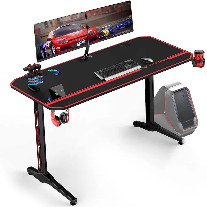 Bureau de jeu ergonomique en T pour PC avec tapis de souris intégral, support de manette, porte-gobelet et crochet pour casque