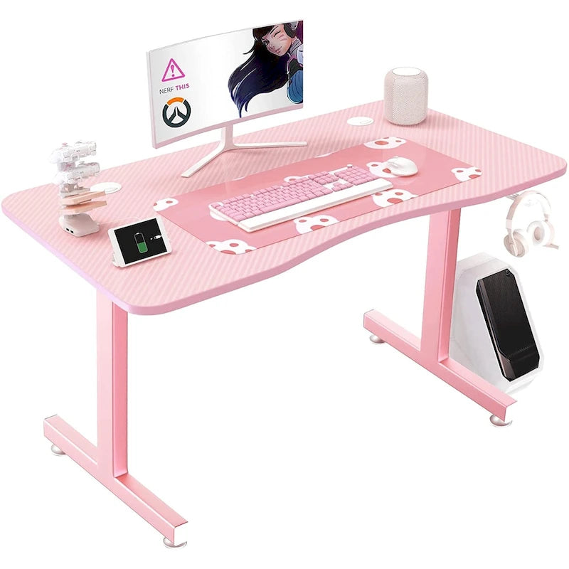 Bureau de jeu ergonomique en T pour PC avec tapis de souris intégral, support de manette, porte-gobelet et crochet pour casque
