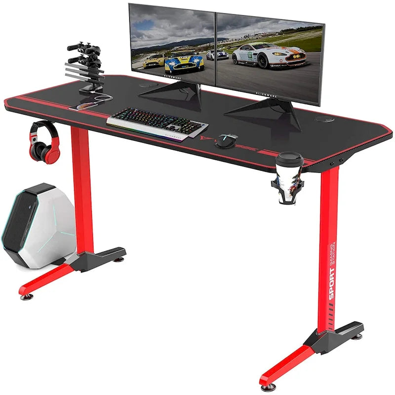 Bureau de jeu ergonomique en T pour PC avec tapis de souris intégral, support de manette, porte-gobelet et crochet pour casque