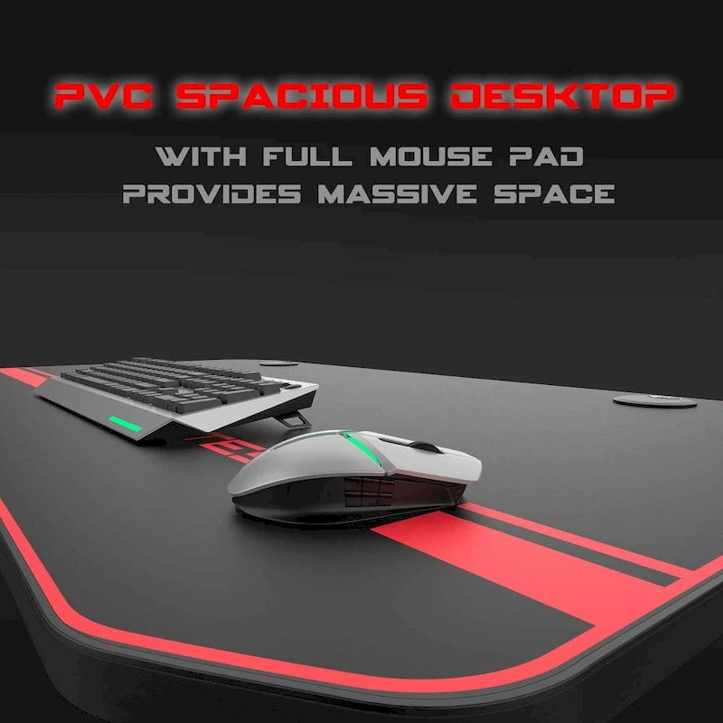 Bureau de jeu ergonomique en T pour PC avec tapis de souris intégral, support de manette, porte-gobelet et crochet pour casque
