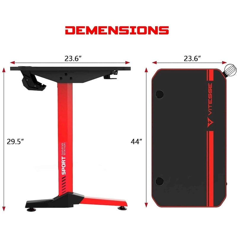 Bureau de jeu ergonomique en T pour PC avec tapis de souris intégral, support de manette, porte-gobelet et crochet pour casque