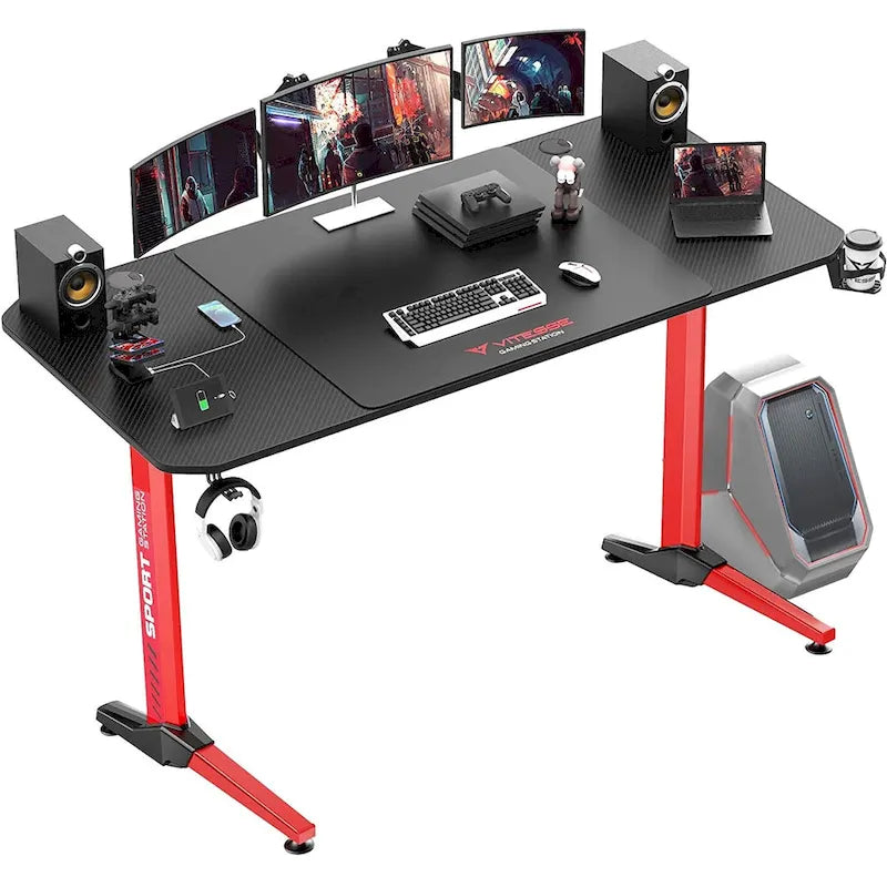 Bureau de jeu ergonomique en T pour PC avec tapis de souris intégral, support de manette, porte-gobelet et crochet pour casque