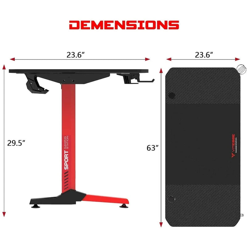 Bureau de jeu ergonomique en T pour PC avec tapis de souris intégral, support de manette, porte-gobelet et crochet pour casque