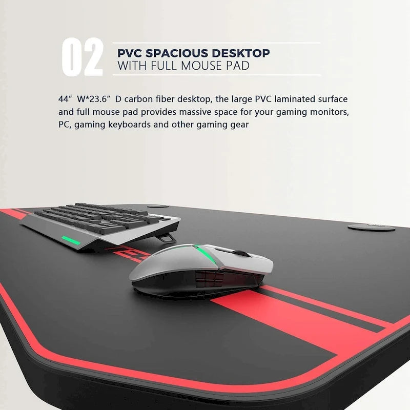 Bureau de jeu ergonomique en T pour PC avec tapis de souris intégral, support de manette, porte-gobelet et crochet pour casque