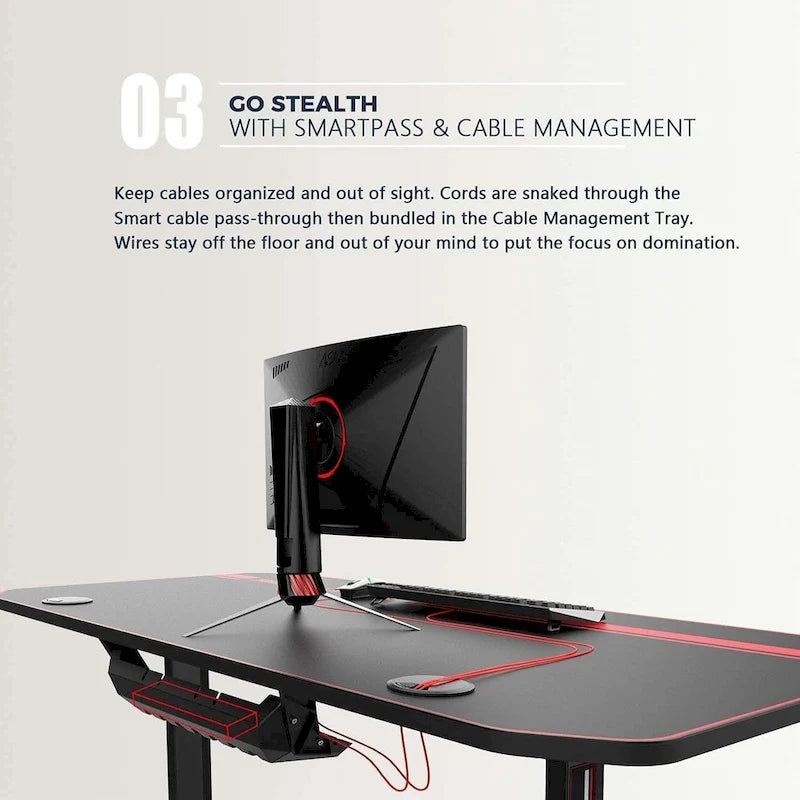Bureau de jeu ergonomique en T pour PC avec tapis de souris intégral, support de manette, porte-gobelet et crochet pour casque