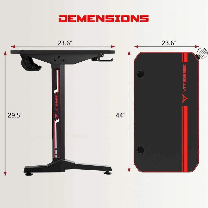 Bureau de jeu ergonomique en T pour PC avec tapis de souris intégral, support de manette, porte-gobelet et crochet pour casque