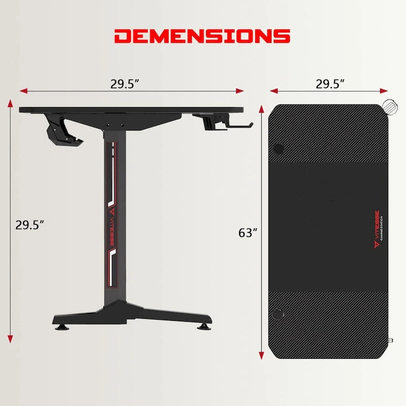 Bureau de jeu ergonomique en T pour PC avec tapis de souris intégral, support de manette, porte-gobelet et crochet pour casque