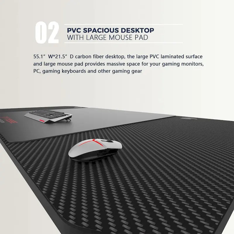 Bureau de jeu ergonomique en T pour PC avec tapis de souris intégral, support de manette, porte-gobelet et crochet pour casque