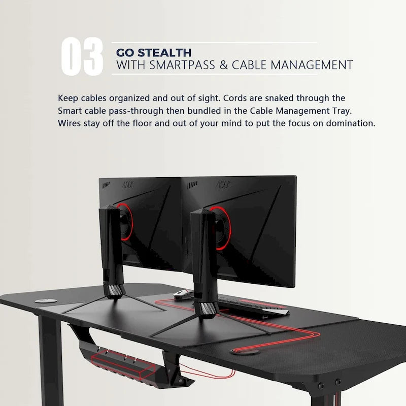 Bureau de jeu ergonomique en T pour PC avec tapis de souris intégral, support de manette, porte-gobelet et crochet pour casque