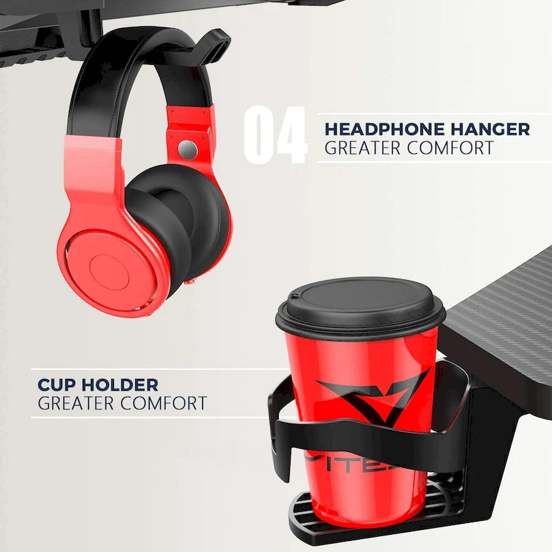 Bureau de jeu ergonomique en T pour PC avec tapis de souris intégral, support de manette, porte-gobelet et crochet pour casque