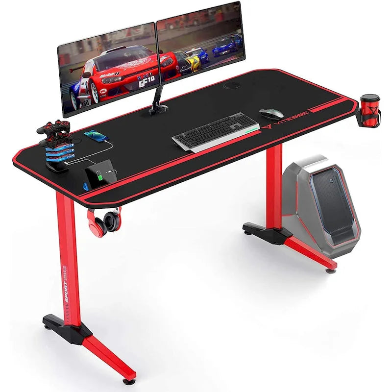 Bureau de jeu ergonomique en T pour PC avec tapis de souris intégral, support de manette, porte-gobelet et crochet pour casque