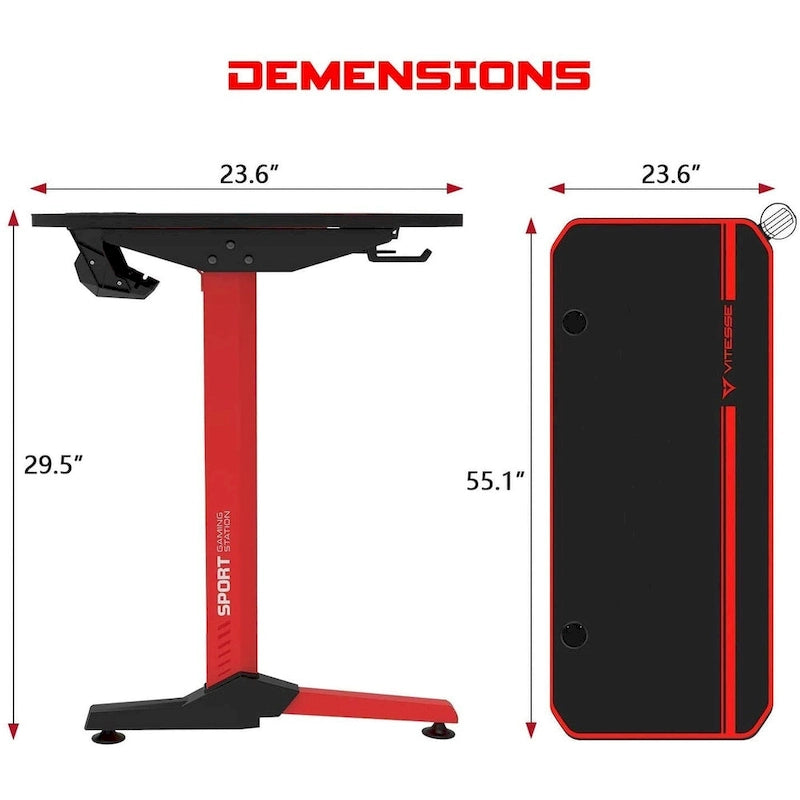 Bureau de jeu ergonomique en T pour PC avec tapis de souris intégral, support de manette, porte-gobelet et crochet pour casque
