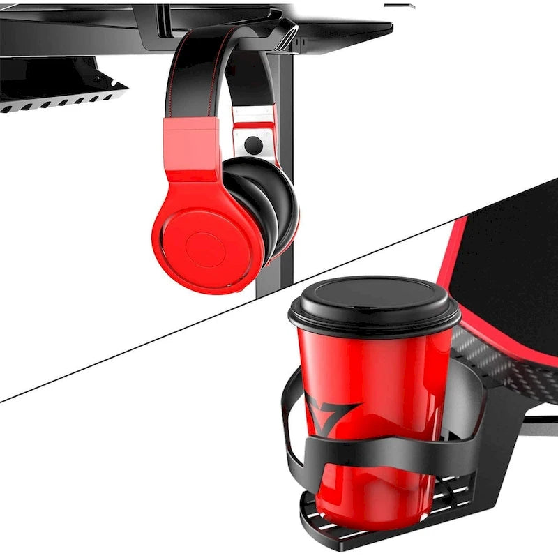 Bureau de jeu ergonomique en T pour PC avec tapis de souris intégral, support de manette, porte-gobelet et crochet pour casque