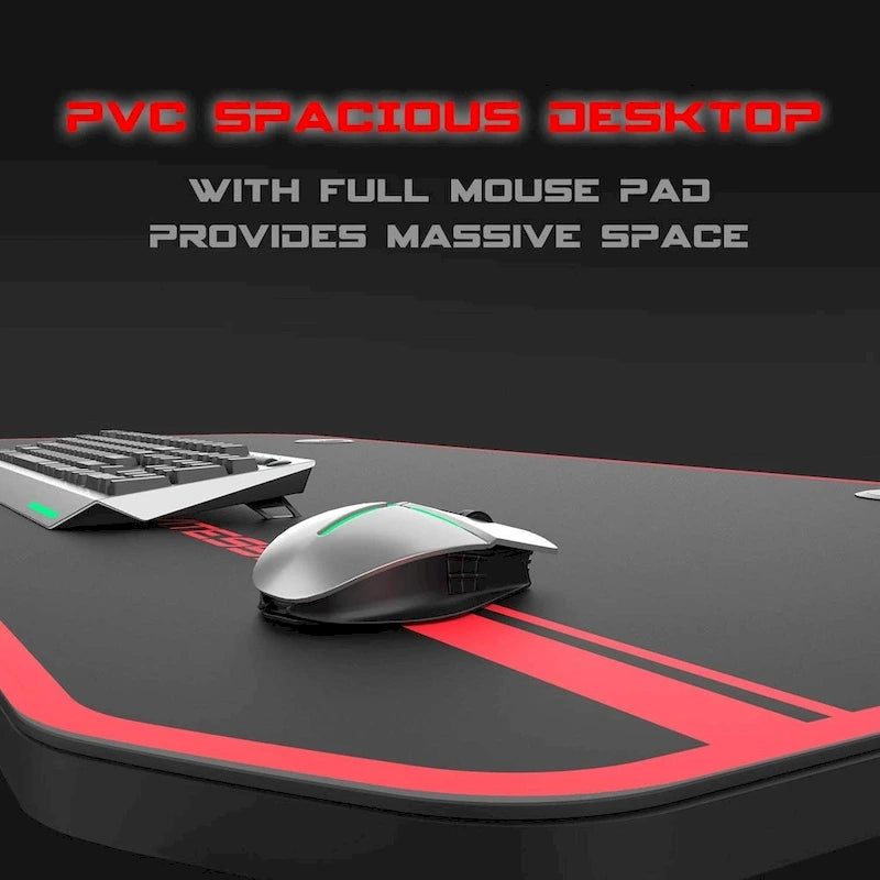 Bureau de jeu ergonomique en T pour PC avec tapis de souris intégral, support de manette, porte-gobelet et crochet pour casque