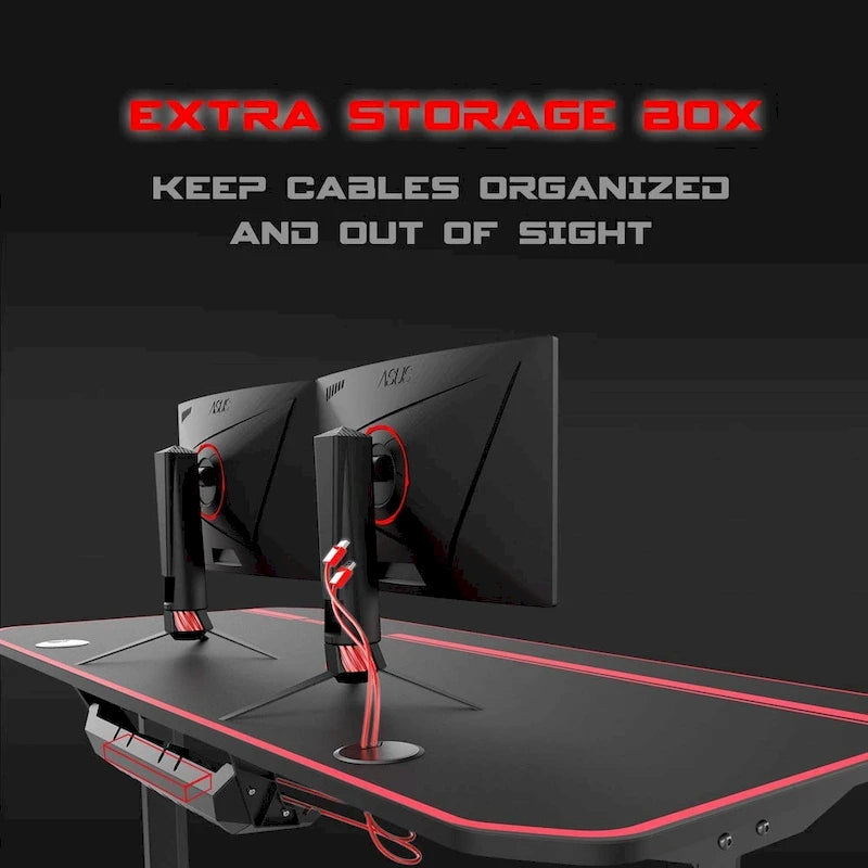 Bureau de jeu ergonomique en T pour PC avec tapis de souris intégral, support de manette, porte-gobelet et crochet pour casque