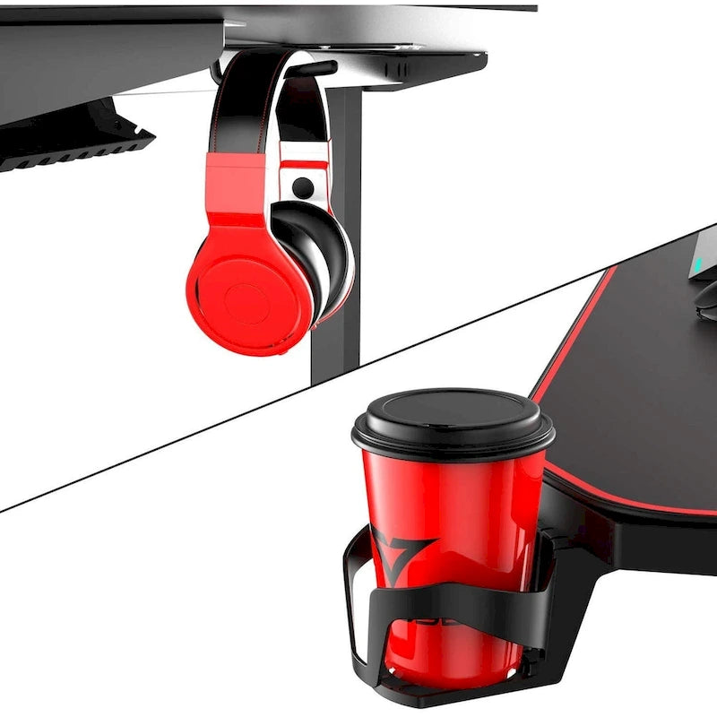 Bureau de jeu ergonomique en T pour PC avec tapis de souris intégral, support de manette, porte-gobelet et crochet pour casque